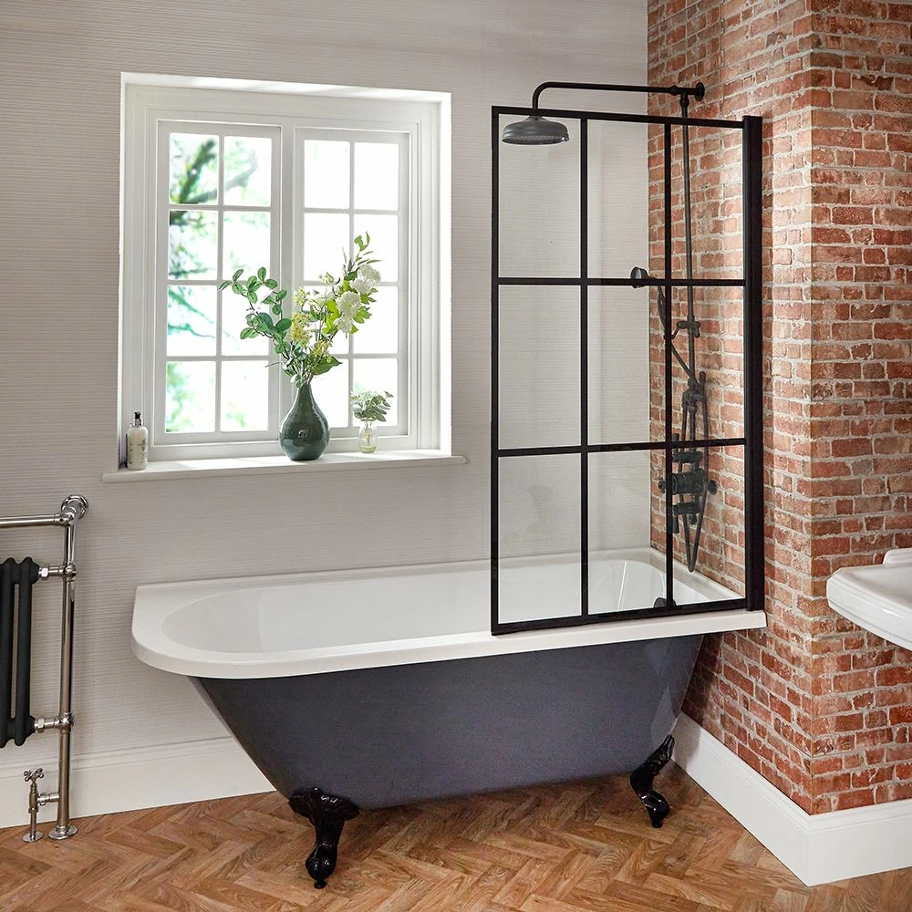 Milano Hest - Stone Grey Traditional Freestanding Corner Shower Bath With Black Feet And Black Grid Screen - 1685mm X 750mm - Left/Right Hand Options