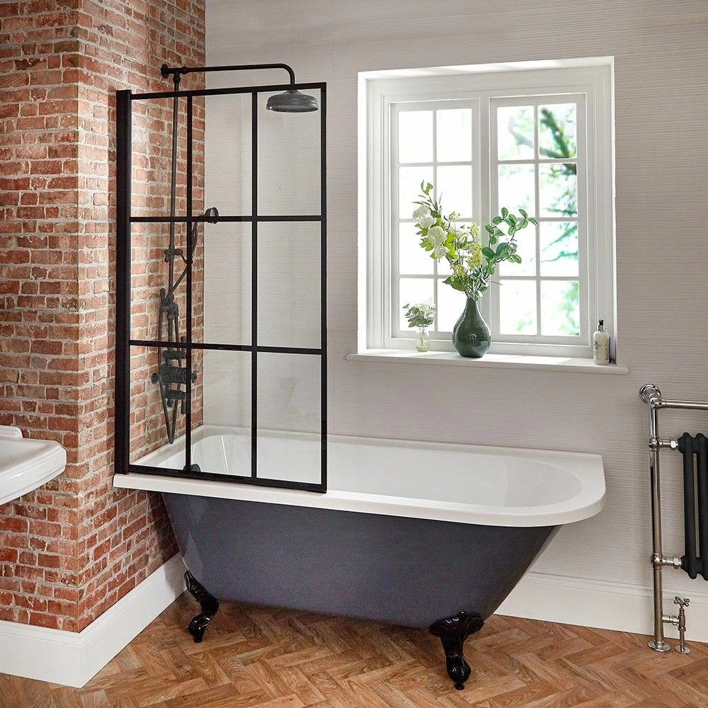 Milano Hest - Stone Grey Traditional Freestanding Corner Shower Bath With Black Feet And Black Grid Screen - 1685mm X 750mm - Left/Right Hand Options - Image 2
