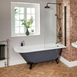 Milano Hest - Stone Grey Traditional Freestanding Corner Shower Bath With Black Feet And Screen - 1685mm X 750mm - Left/Right Hand Options