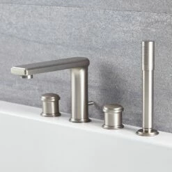 Milano Ashurst - 4 Tap-Hole Modern Deck Mounted Bath Shower Mixer Tap With Hand Shower - Brushed Nickel