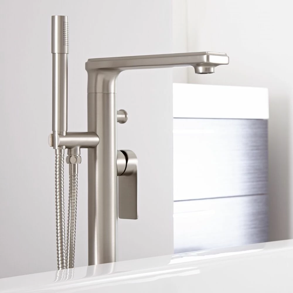 Milano Ashurst - Modern Freestanding Bath Shower Mixer Tap With Hand Shower - Brushed Nickel