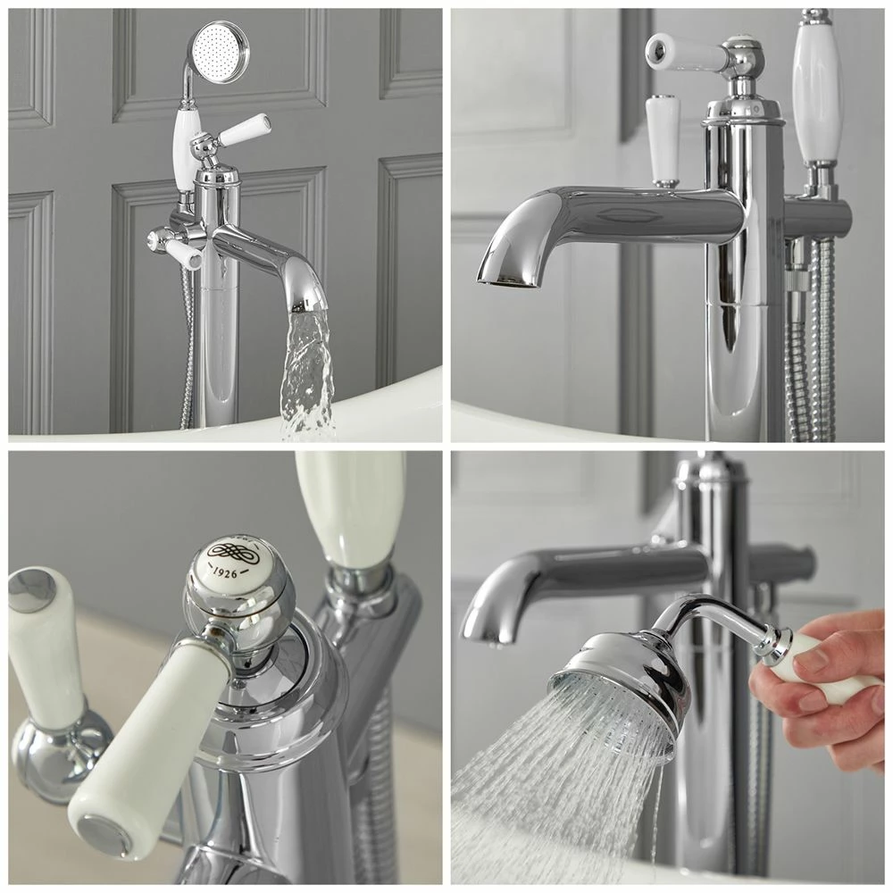 Milano Elizabeth - Traditional Freestanding Mono Bath Shower Mixer Tap With Hand Shower - Chrome And White - Image 2
