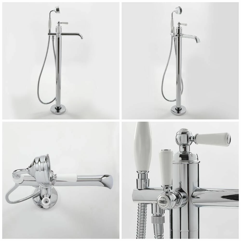 Milano Elizabeth - Traditional Freestanding Mono Bath Shower Mixer Tap With Hand Shower - Chrome And White - Image 4