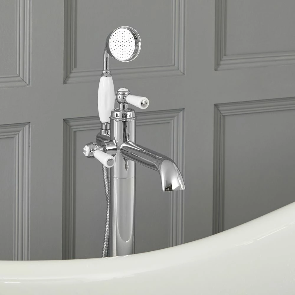 Milano Elizabeth - Traditional Freestanding Mono Bath Shower Mixer Tap With Hand Shower - Chrome And White