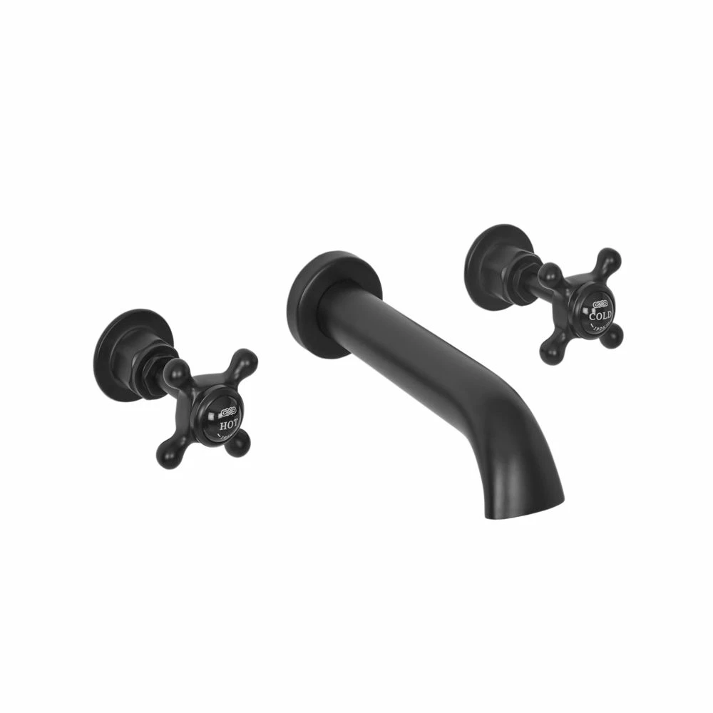 Milano Elizabeth - Traditional Wall Mounted 3 Tap-Hole Crosshead Basin Mixer Tap - Black - Image 2