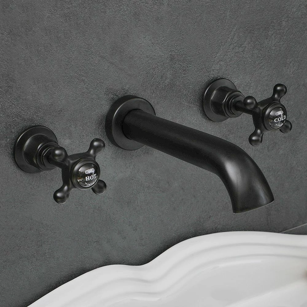 Milano Elizabeth - Traditional Wall Mounted 3 Tap-Hole Crosshead Basin Mixer Tap - Black