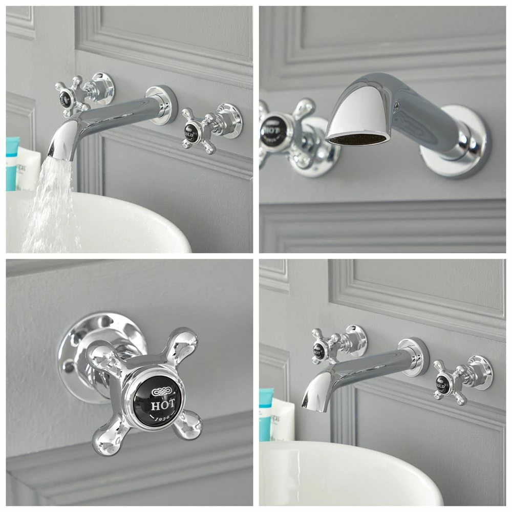 Milano Elizabeth - Traditional Wall Mounted 3 Tap-Hole Crosshead Basin Mixer Tap - Chrome And Black - Image 2