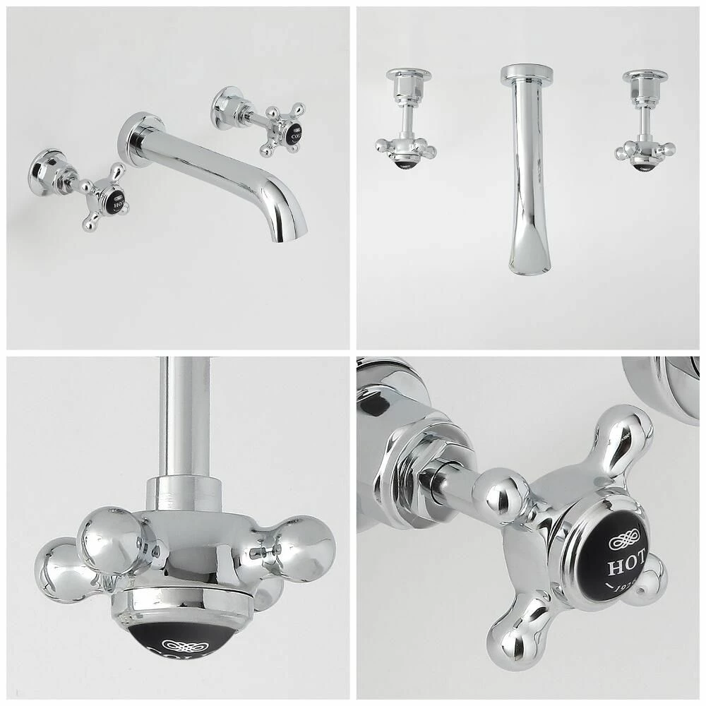 Milano Elizabeth - Traditional Wall Mounted 3 Tap-Hole Crosshead Basin Mixer Tap - Chrome And Black - Image 4