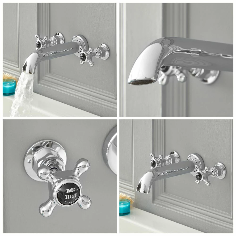 Milano Elizabeth - Traditional Wall Mounted Crosshead 3 Tap-Hole Bath Filler Tap - Chrome And Black - Image 2