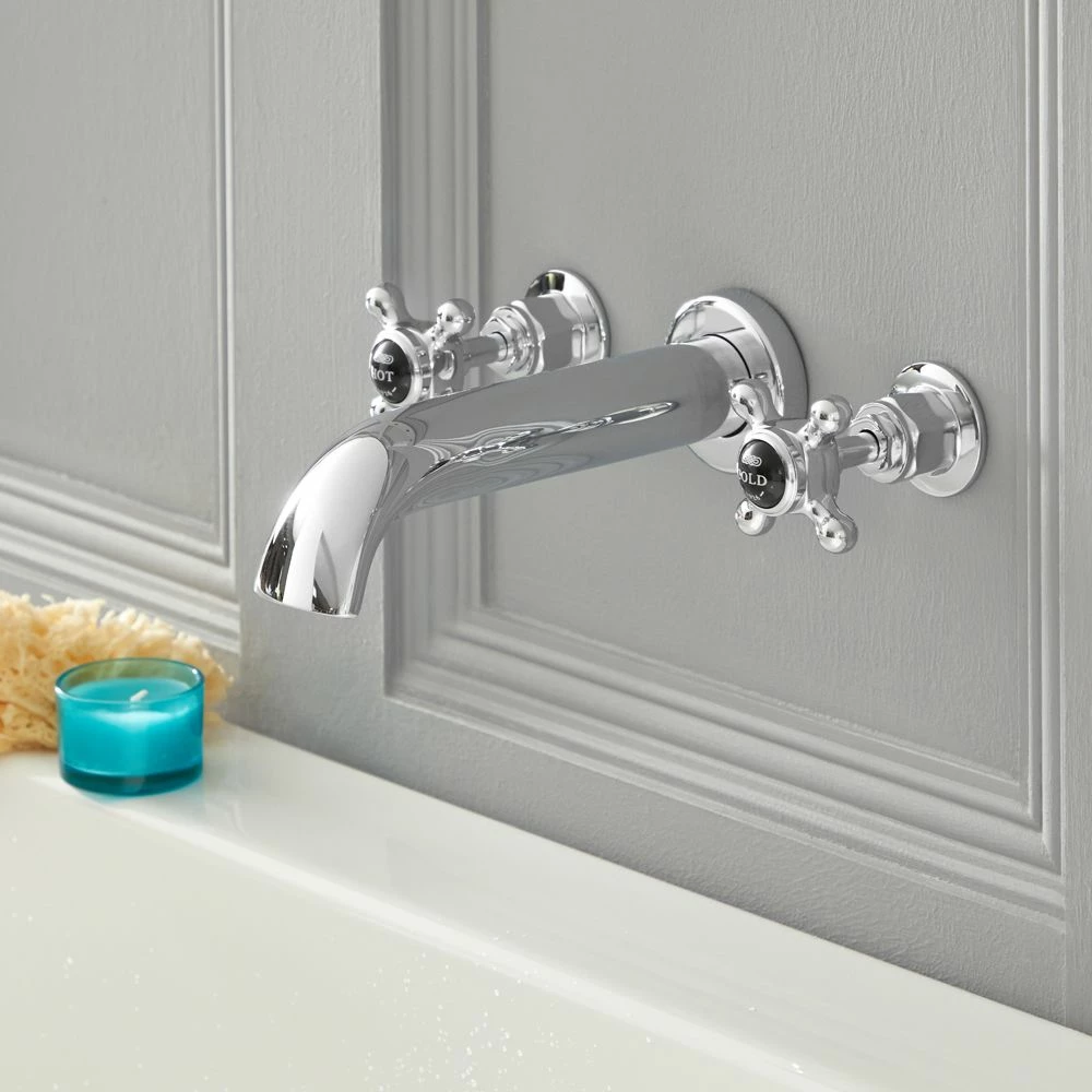 Milano Elizabeth - Traditional Wall Mounted Crosshead 3 Tap-Hole Bath Filler Tap - Chrome And Black