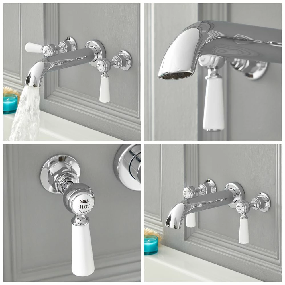 Milano Elizabeth - Traditional Wall Mounted 3 Tap-Hole Lever Bath Filler Tap - Chrome And White - Image 2