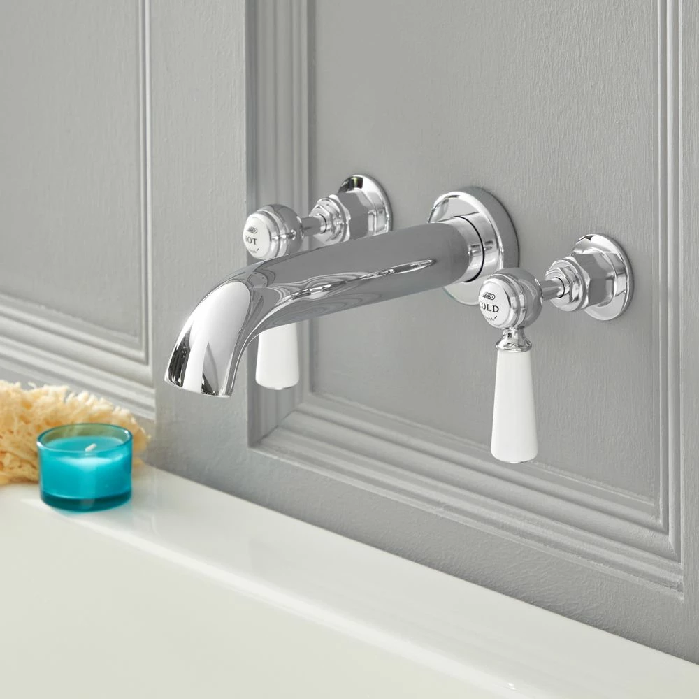 Milano Elizabeth - Traditional Wall Mounted 3 Tap-Hole Lever Bath Filler Tap - Chrome And White