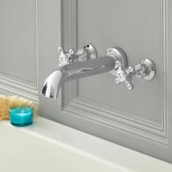 Milano Elizabeth - Traditional Wall Mounted 3 Tap-Hole Crosshead Bath Filler Tap - Chrome And White