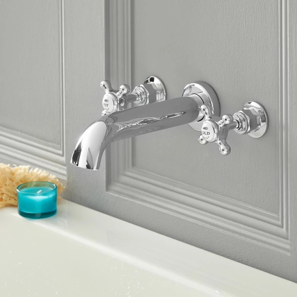 Milano Elizabeth - Traditional Wall Mounted 3 Tap-Hole Crosshead Bath Filler Tap - Chrome And White