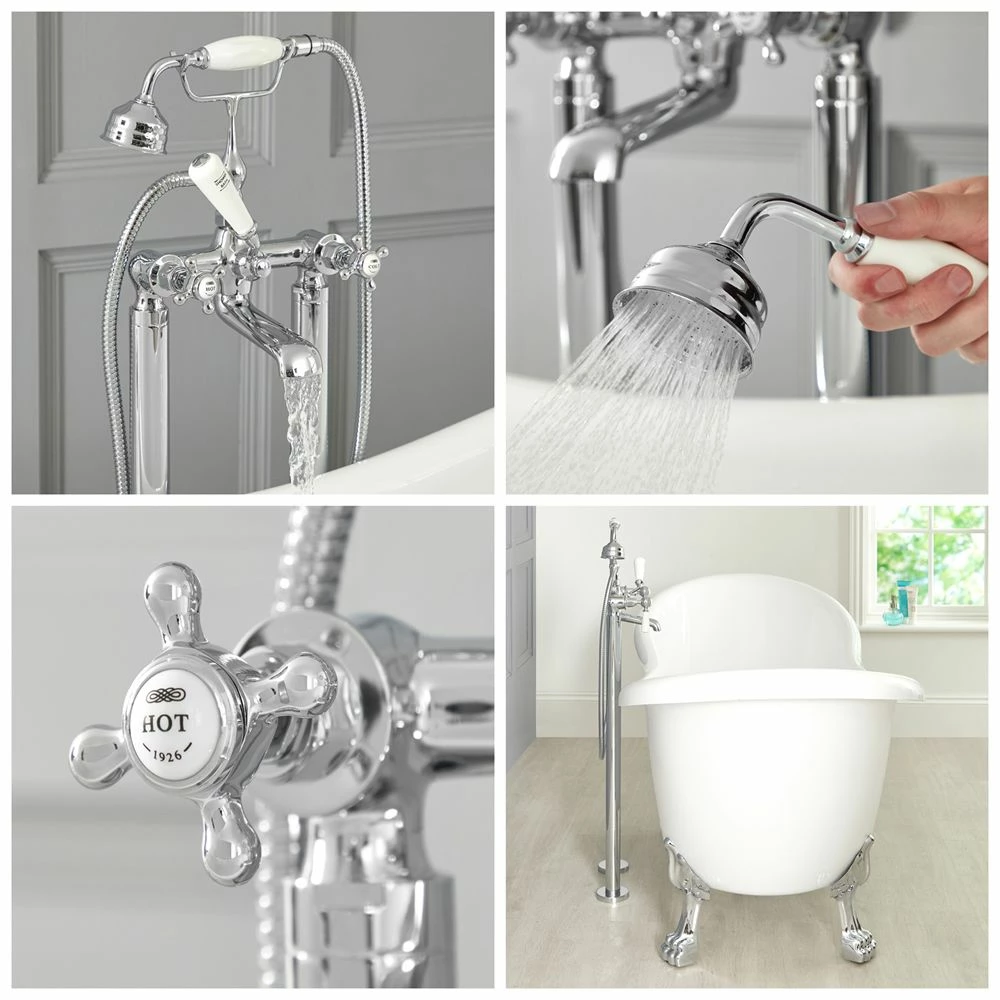 Milano Elizabeth - Traditional Freestanding Crosshead Bath Shower Mixer Tap With Hand Shower - Chrome And White - Image 5
