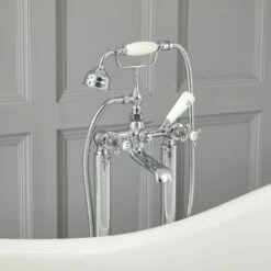 Milano Elizabeth - Traditional Freestanding Crosshead Bath Shower Mixer Tap With Hand Shower - Chrome And White