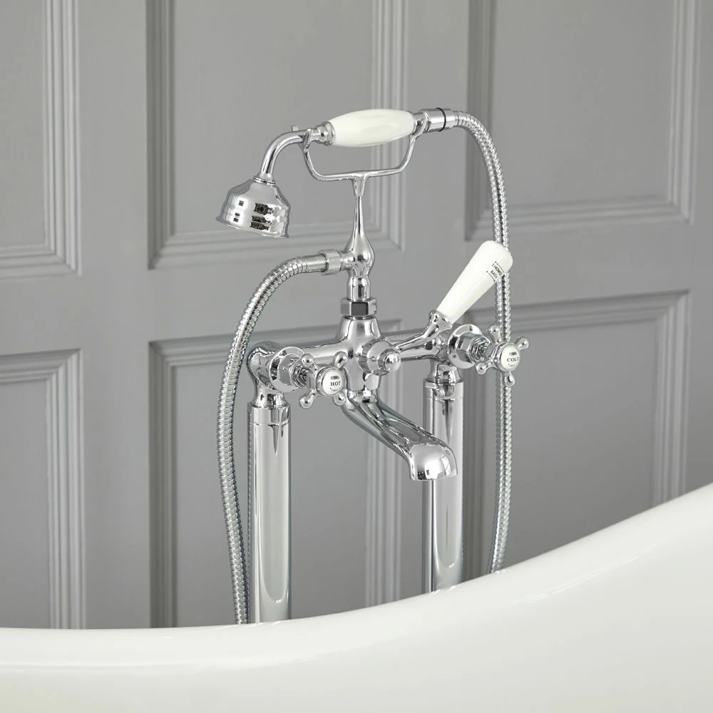 Milano Elizabeth - Traditional Freestanding Crosshead Bath Shower Mixer Tap With Hand Shower - Chrome And White