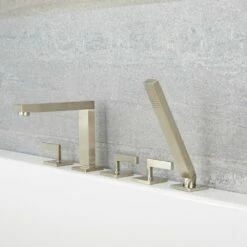 Milano Arvo - Modern Deck Mounted 5 Tap-Hole Bath Shower Mixer Tap With Hand Shower - Brushed Nickel
