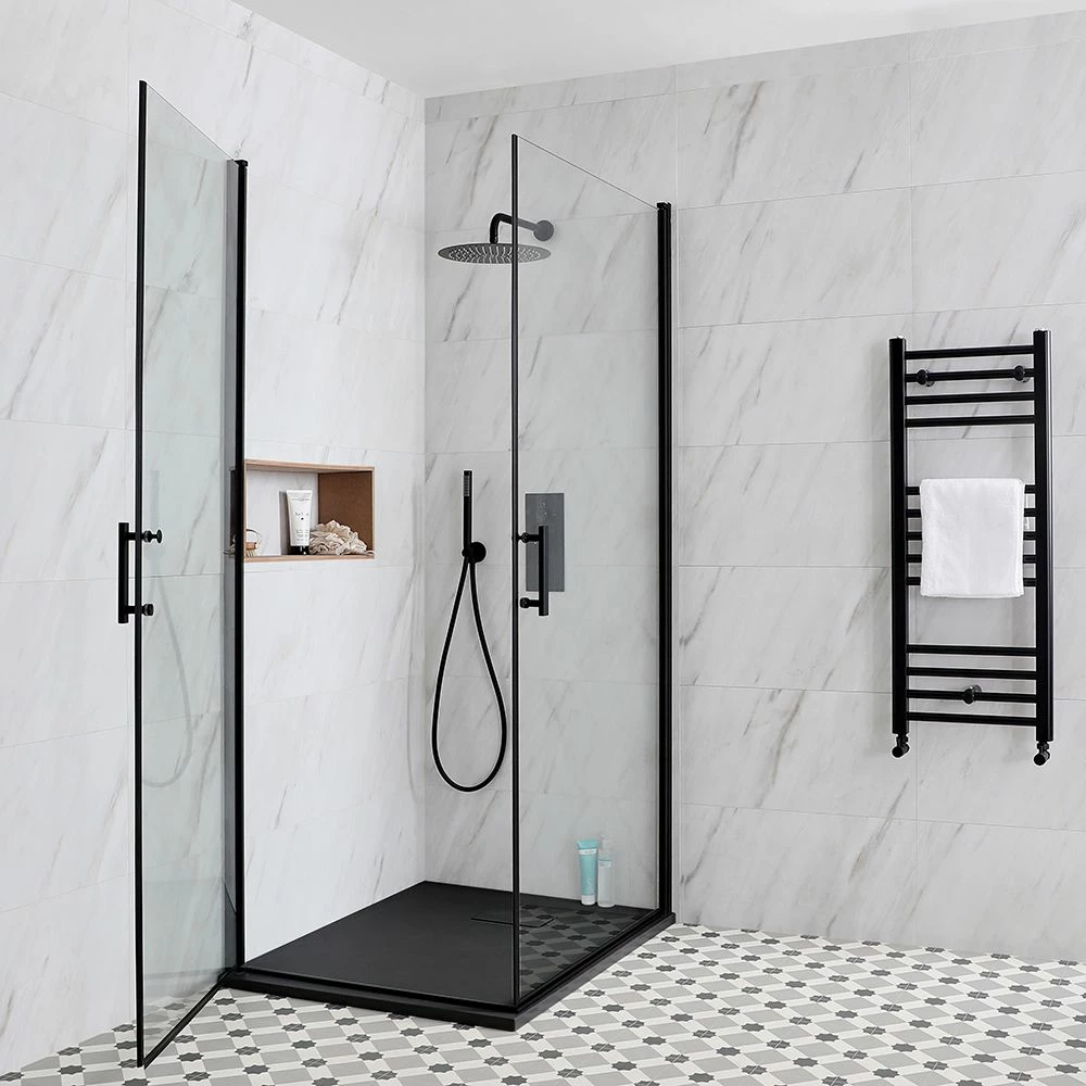 Milano Nero - Black Hinged Double Door Corner Shower Enclosure With Slate Tray - Choice Of Sizes - Image 2