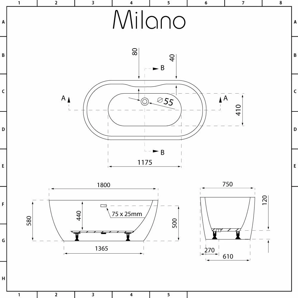 Milano Overton - White Modern Oval Double-Ended Freestanding Bath - 1800mm X 750mm - Choice Of Overflow Finish - Image 5
