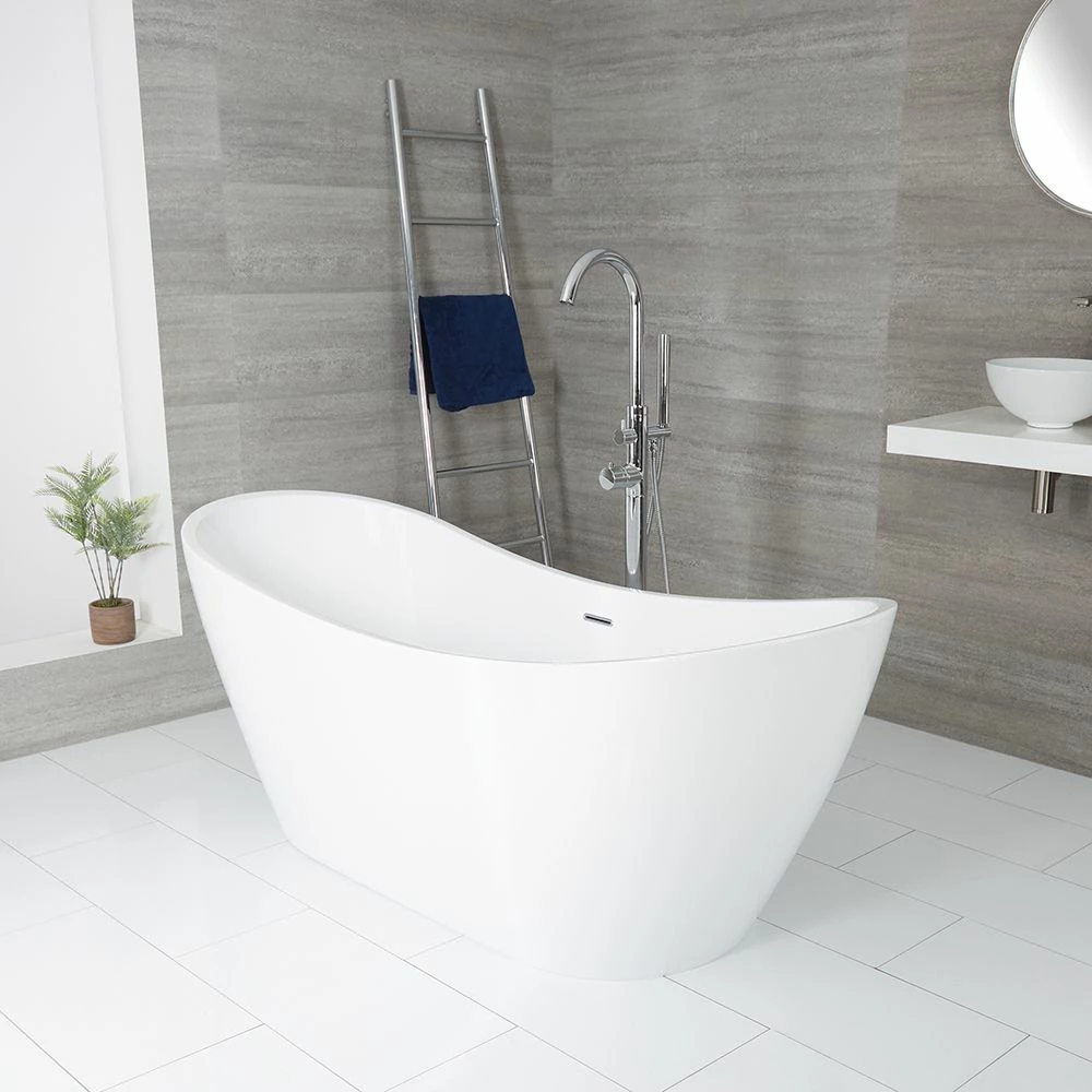 Milano Overton - White Modern Oval Double-Ended Freestanding Bath - 1830mm X 710mm - Choice Of Overflow Finish