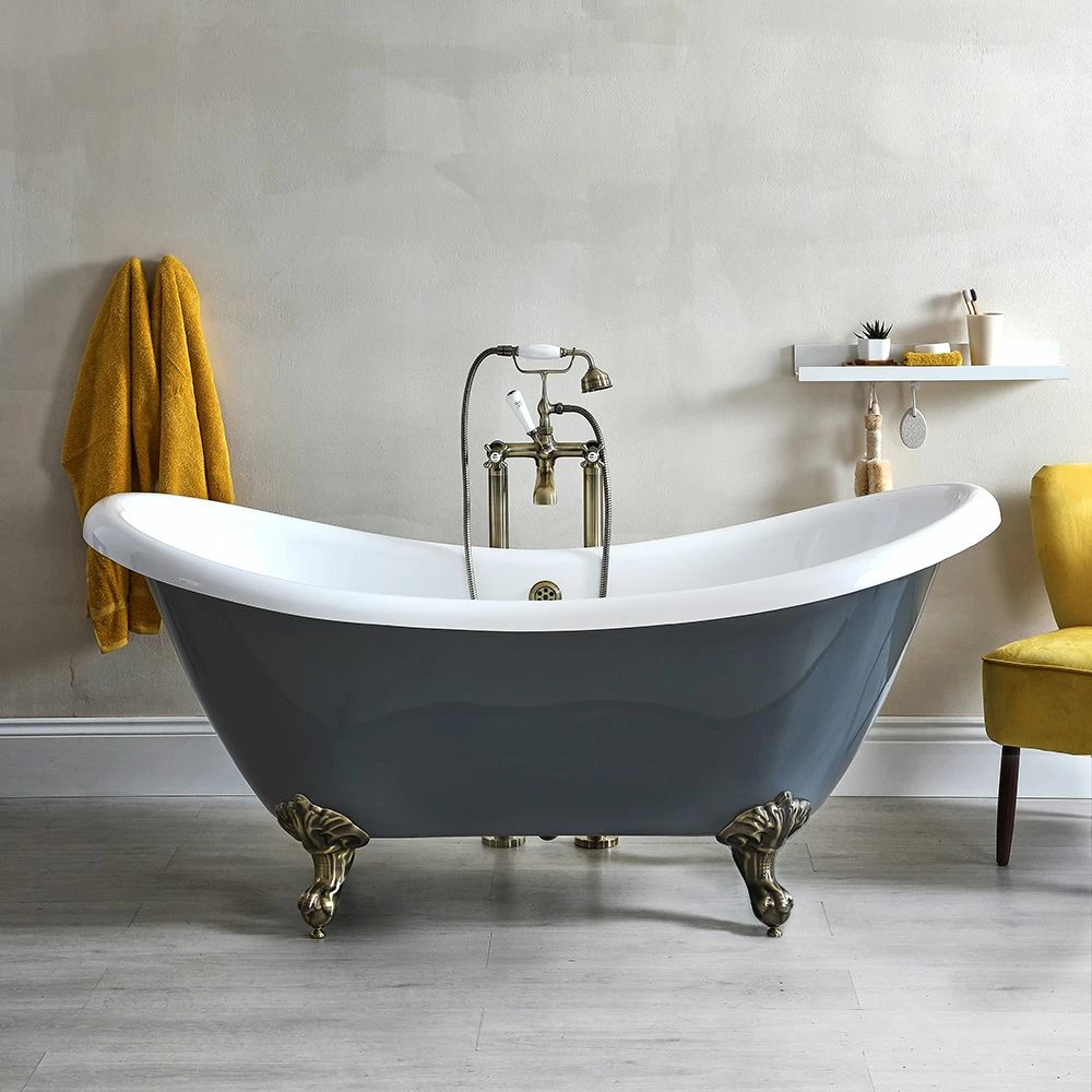 Milano Hest - Stone Grey Traditional Double-Ended Freestanding Slipper Bath With Brushed Gold Feet - 1750mm X 730mm (No Tap-Holes)