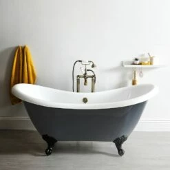 Milano Hest - Stone Grey Traditional Double-Ended Freestanding Slipper Bath With Black Feet - 1750mm X 730mm (No Tap-Holes)