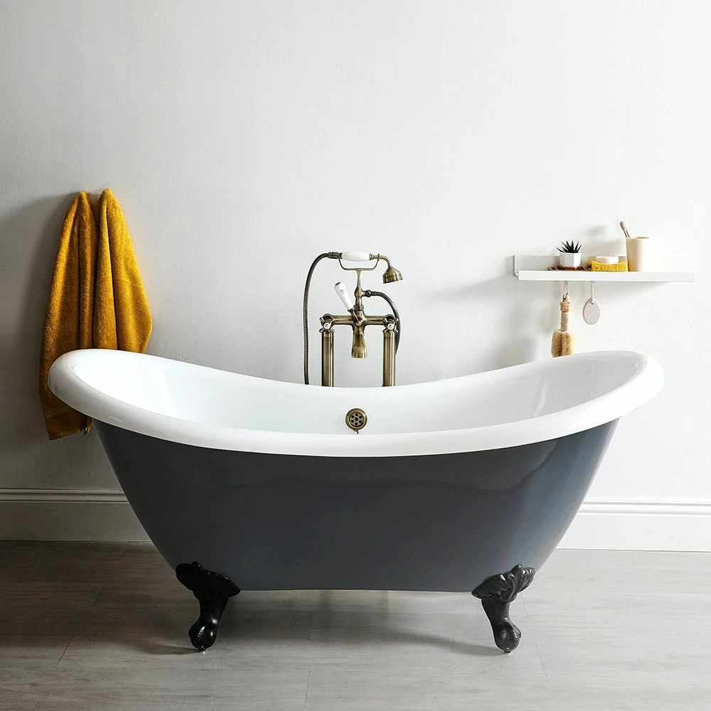 Milano Hest - Stone Grey Traditional Double-Ended Freestanding Slipper Bath With Black Feet - 1750mm X 730mm (No Tap-Holes)