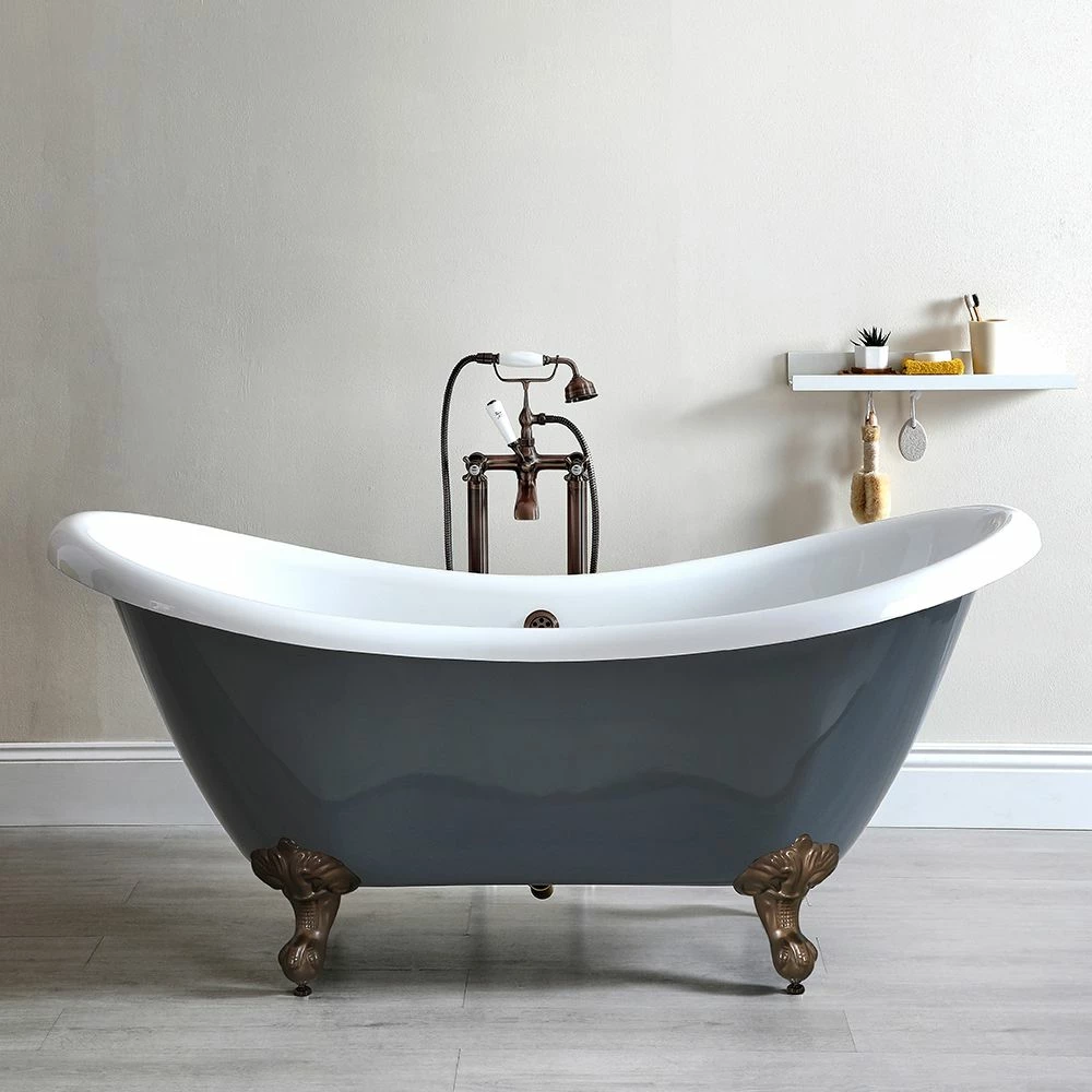 Milano Hest - Stone Grey Traditional Double-Ended Freestanding Slipper Bath With Oil Rubbed Bronze Feet - 1750mm X 730mm (No Tap-Holes)