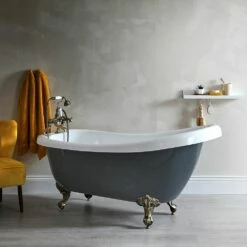 Milano Hest - Stone Grey Traditional Freestanding Slipper Bath With Brushed Gold Feet - 1710mm X 740mm (No Tap-Holes)