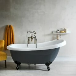 Milano Hest - Stone Grey Traditional Freestanding Slipper Bath With Black Feet - 1710mm X 740mm (No Tap-Holes)