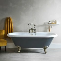 Milano Hest - Stone Grey Traditional Double-Ended Freestanding Bath With Brushed Gold Feet - 1795mm X 785mm (No Tap-Holes)