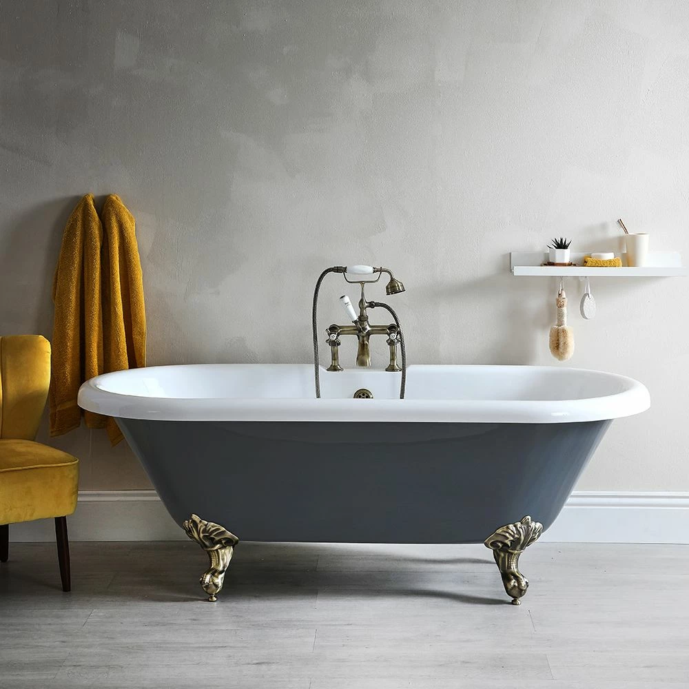 Milano Hest - Stone Grey Traditional Double-Ended Freestanding Bath With Brushed Gold Feet - 1795mm X 785mm (No Tap-Holes)