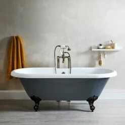 Milano Hest - Stone Grey Traditional Double-Ended Freestanding Bath With Black Feet - 1795mm X 785mm (No Tap-Holes)