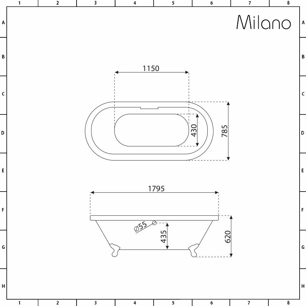 Milano Hest - Stone Grey Traditional Double-Ended Freestanding Bath With Black Feet - 1795mm X 785mm (No Tap-Holes) - Image 5