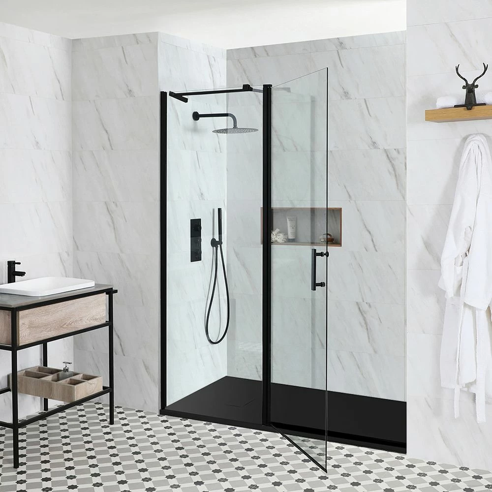Milano Nero - Black Hinged Shower Door With Slate Tray - Choice Of Sizes