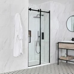 Milano Nero - Black Frameless Sliding Shower Door With Tray - Choice Of Sizes