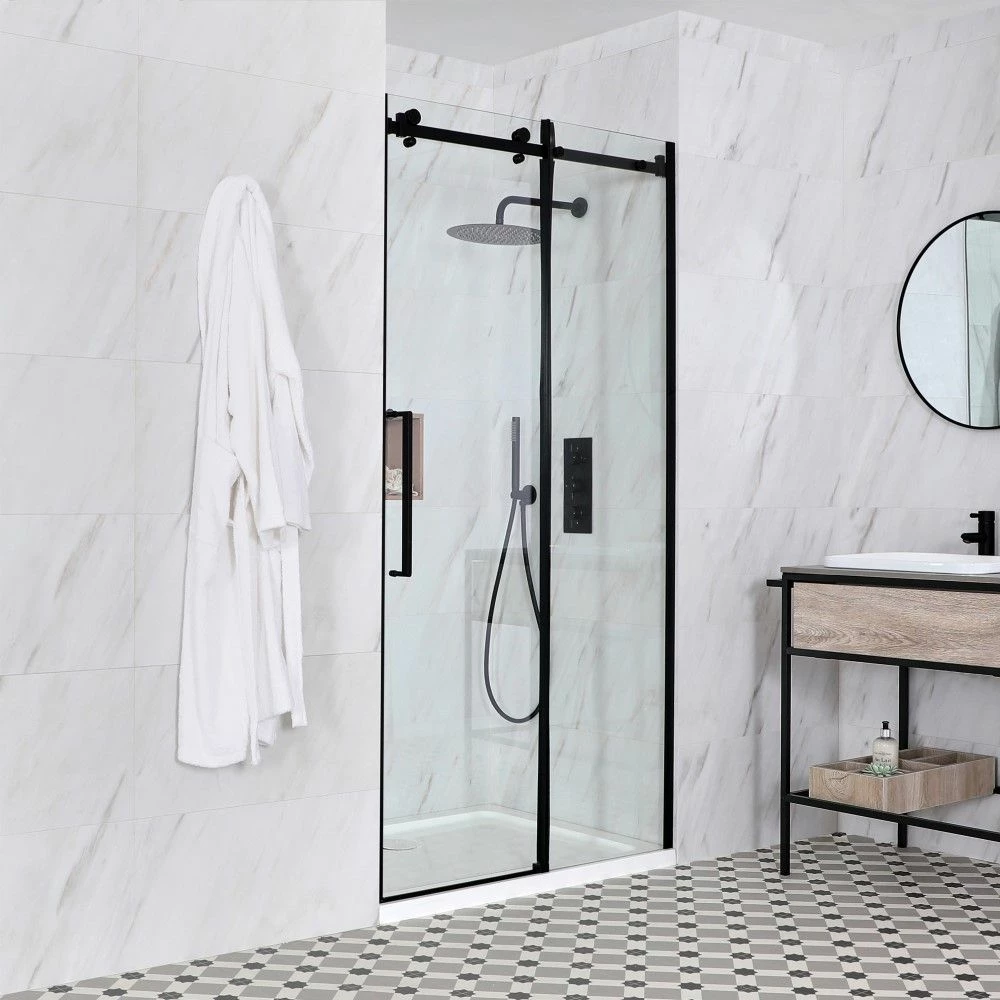 Milano Nero - Black Frameless Sliding Shower Door With Tray - Choice Of Sizes