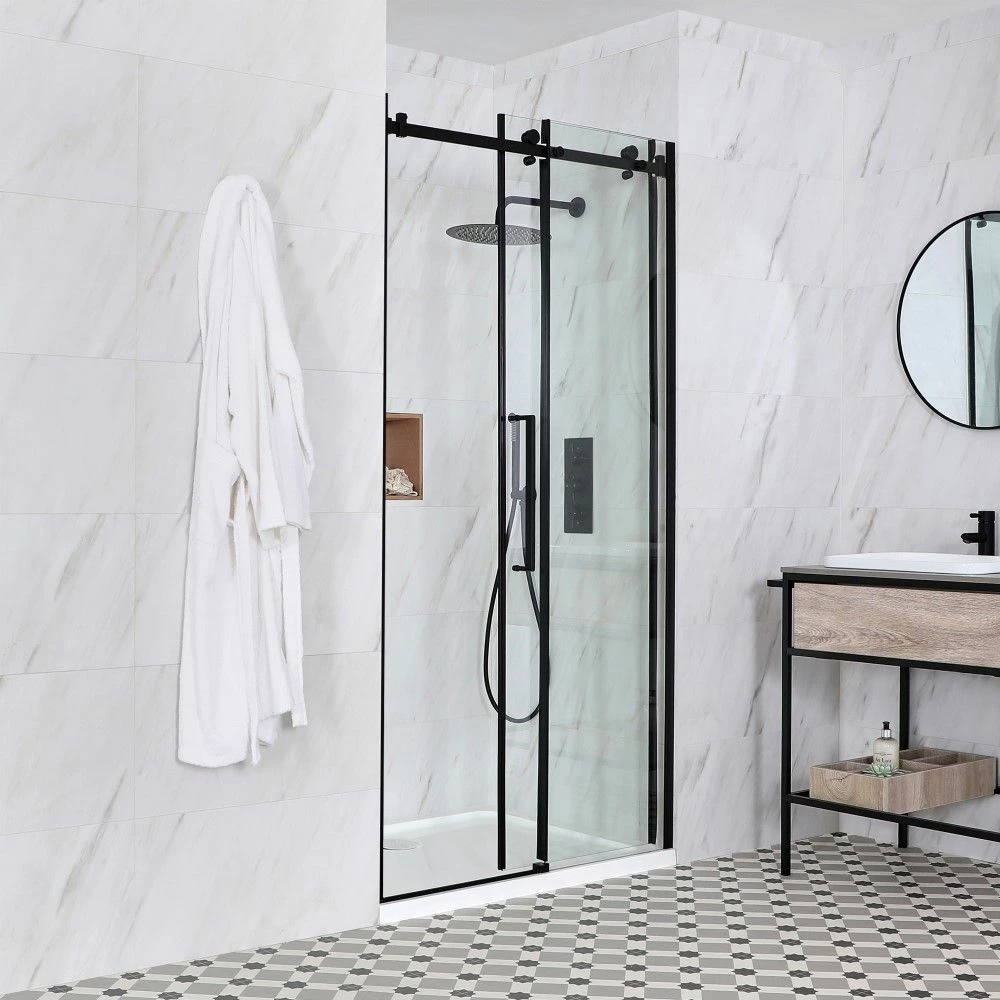 Milano Nero - Black Frameless Sliding Shower Door With Tray - Choice Of Sizes - Image 2