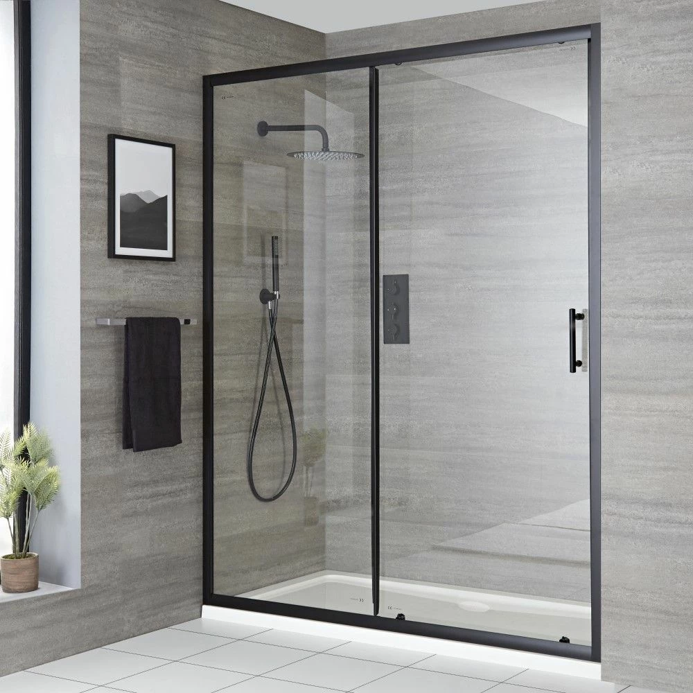 Milano Nero - Black Sliding Shower Door With Tray - Choice Of Sizes