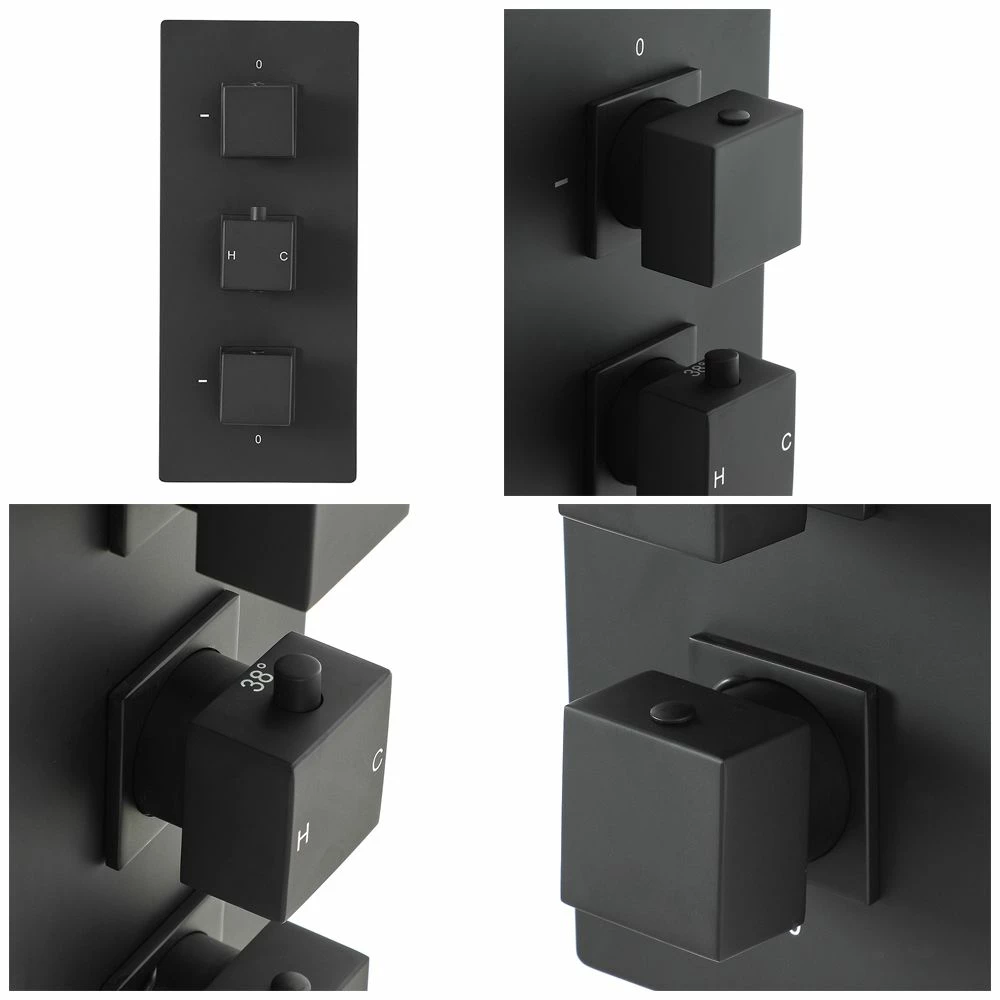 Milano Preto - Modern 2 Outlet Square Triple Thermostatic Shower Valve - Black - Image 2