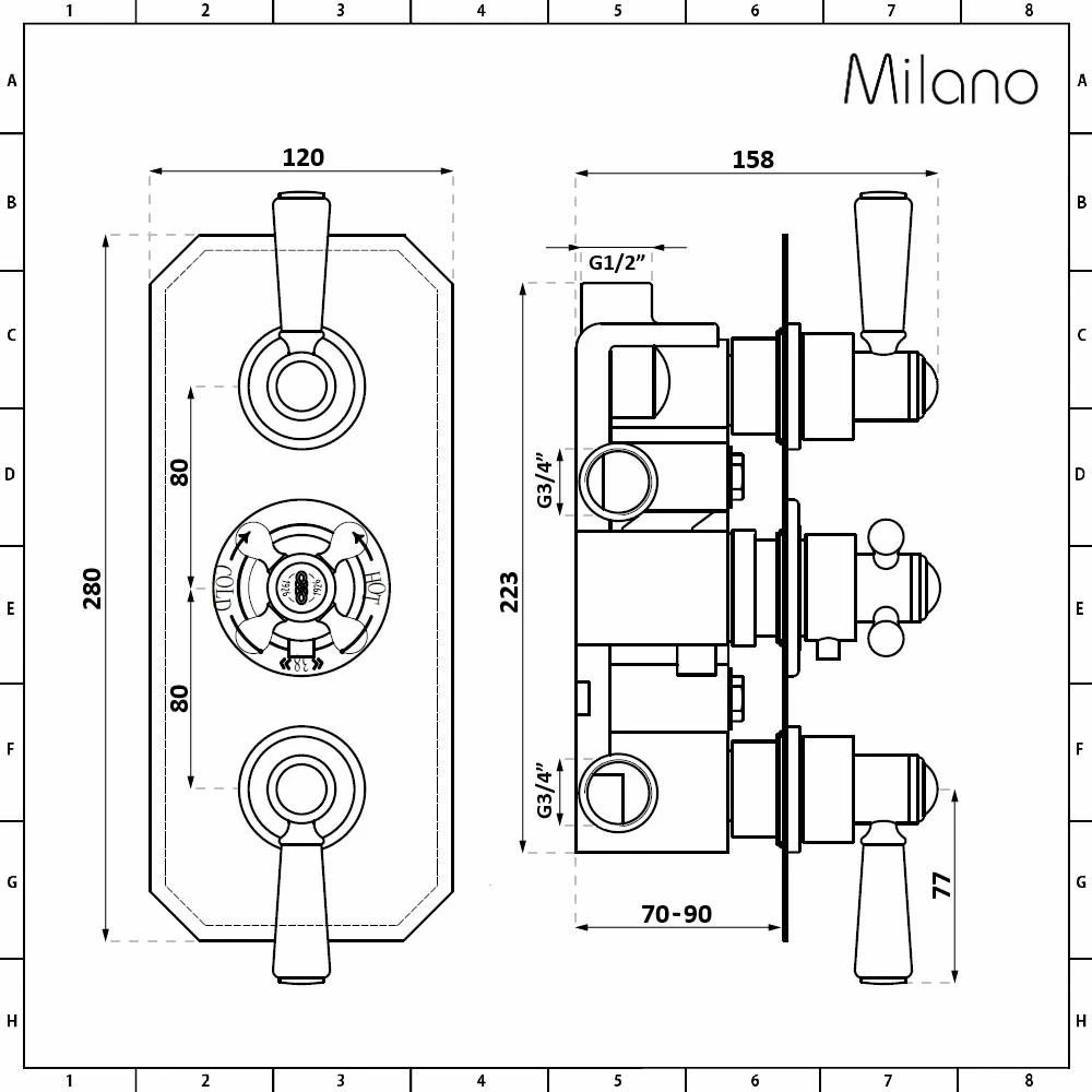 Milano Elizabeth - Traditional Concealed Thermostatic Triple Diverter Shower Valve - Chrome And Black - Image 4