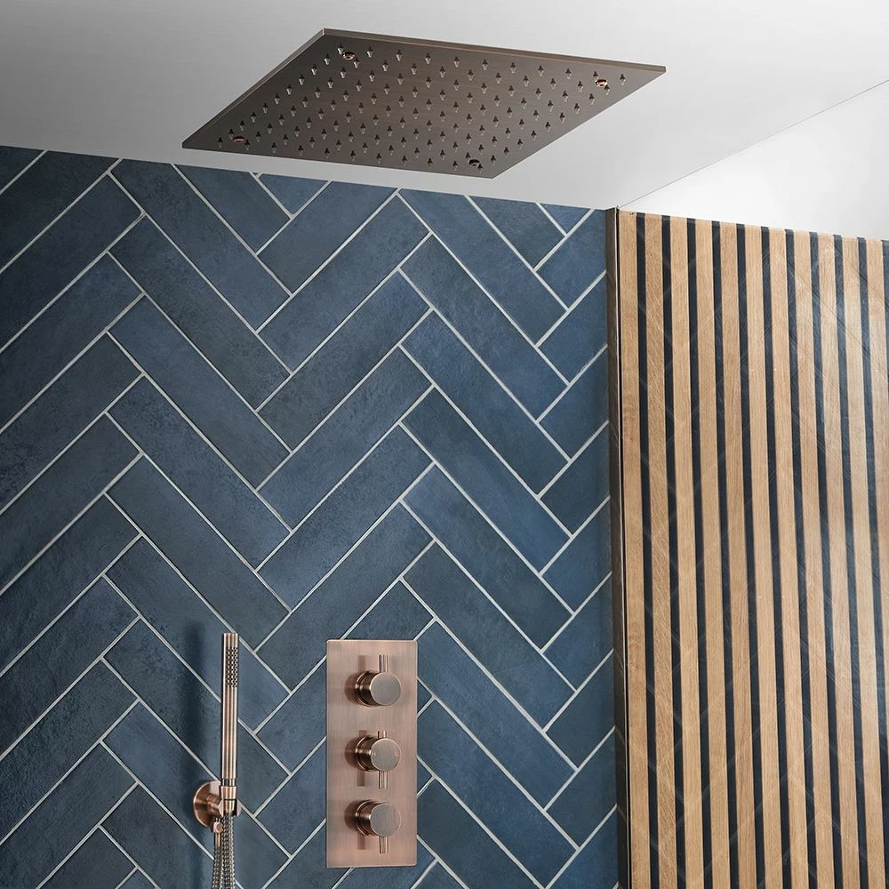 Milano Eris - Modern 400mm Square Ceiling Mounted Recessed Shower Head - Copper - Image 2