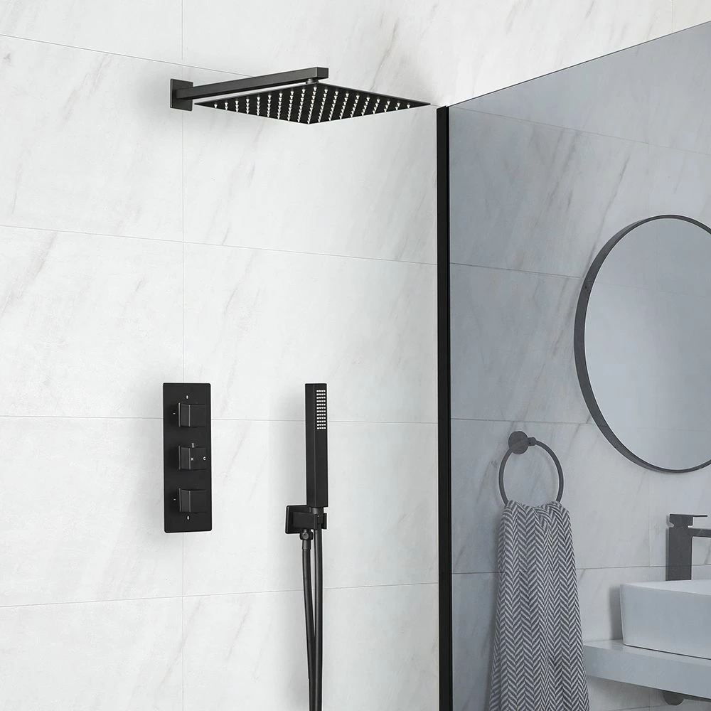 Milano Preto - Modern 2 Outlet Square Triple Thermostatic Shower Valve - Black - Image 3
