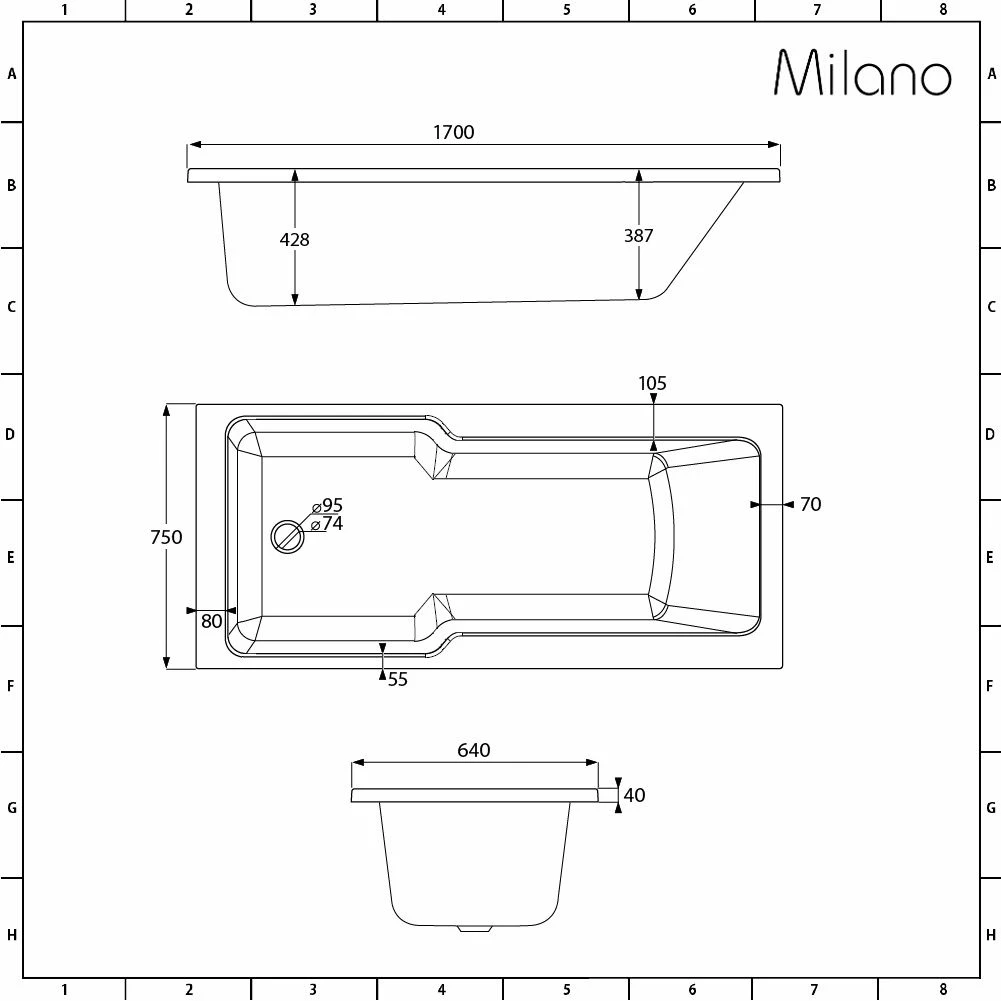 Milano Elswick - 1700mm X 750mm Standard Single Ended Shower Bath With Black Grid Bath Screen And Panels - Image 6