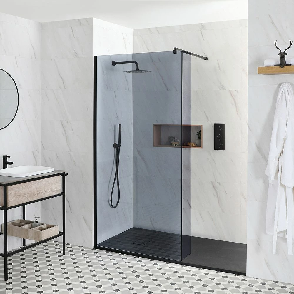 Milano Nero-Luna - Smoked Glass Walk-In Shower Enclosure With Slate Tray - Choice Of Sizes And Hinged Return Panel Option