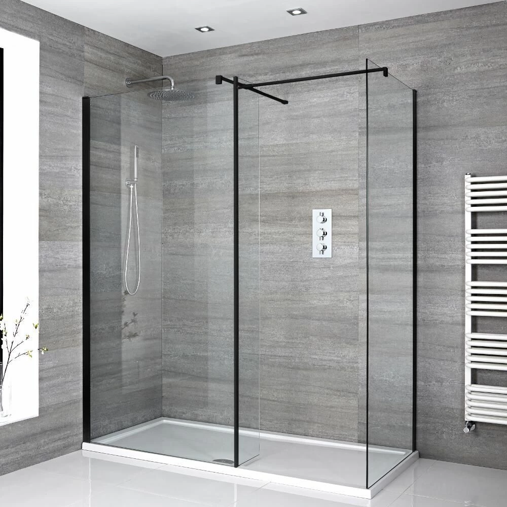 Milano Nero - Corner Walk-In Shower Enclosure With Tray - Choice Of Sizes And Hinged Return Panel Option