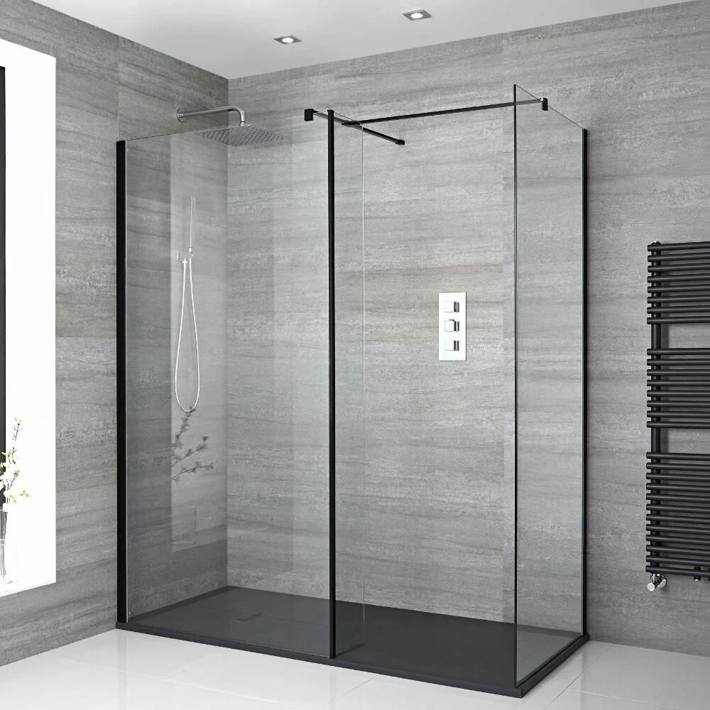 Milano Nero - Corner Walk-In Shower Enclosure With Slate Tray - Choice Of Sizes And Hinged Return Panel Option