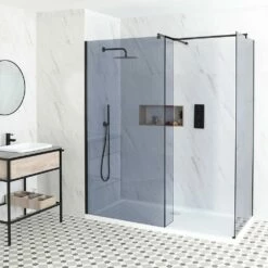 Milano Nero-Luna - Smoked Glass Corner Walk-In Shower Enclosure With Tray - Choice Of Sizes And Hinged Return Panel Option