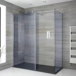 Milano Portland-Luna - Smoked Glass Corner Walk-In Shower Enclosure With Slate Tray - Choice Of Sizes And Hinged Return Panel Option